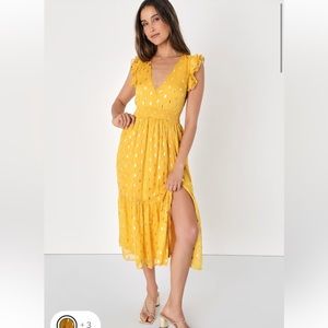Lulus Cause To Celebrate Yellow And Gold Dot Ruffled Tiered Midi Dress Size M